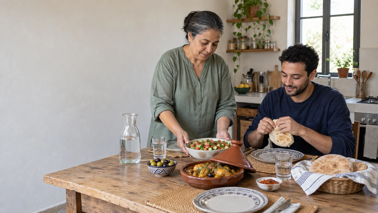 Moroccan home cooking, with bread beside the shared dishes