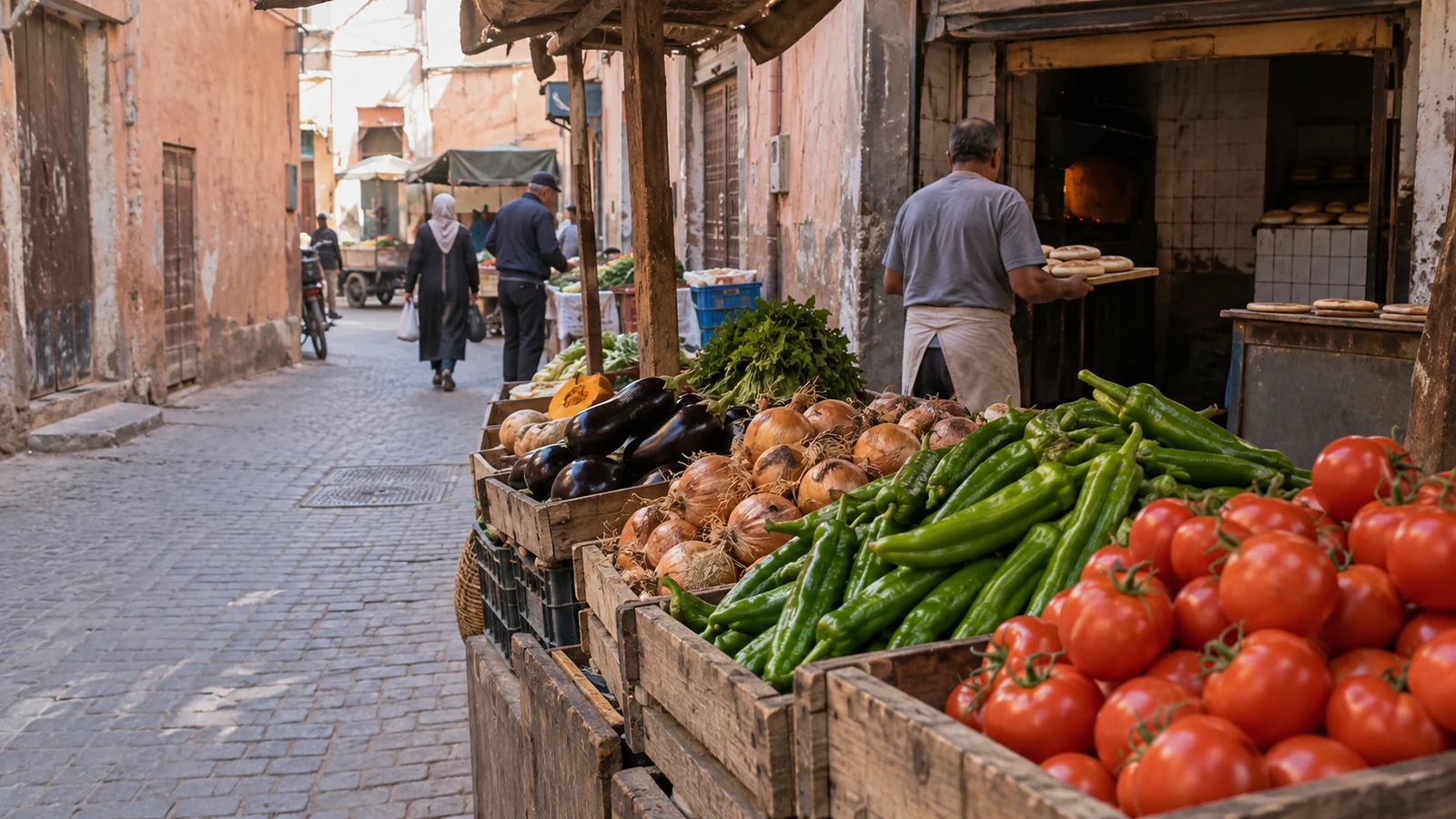 Produce and bread along an everyday Moroccan food street