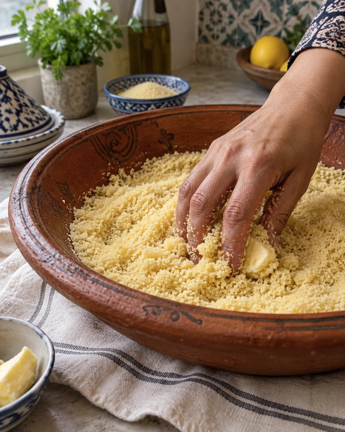 Butter being rubbed through semolina crumbs