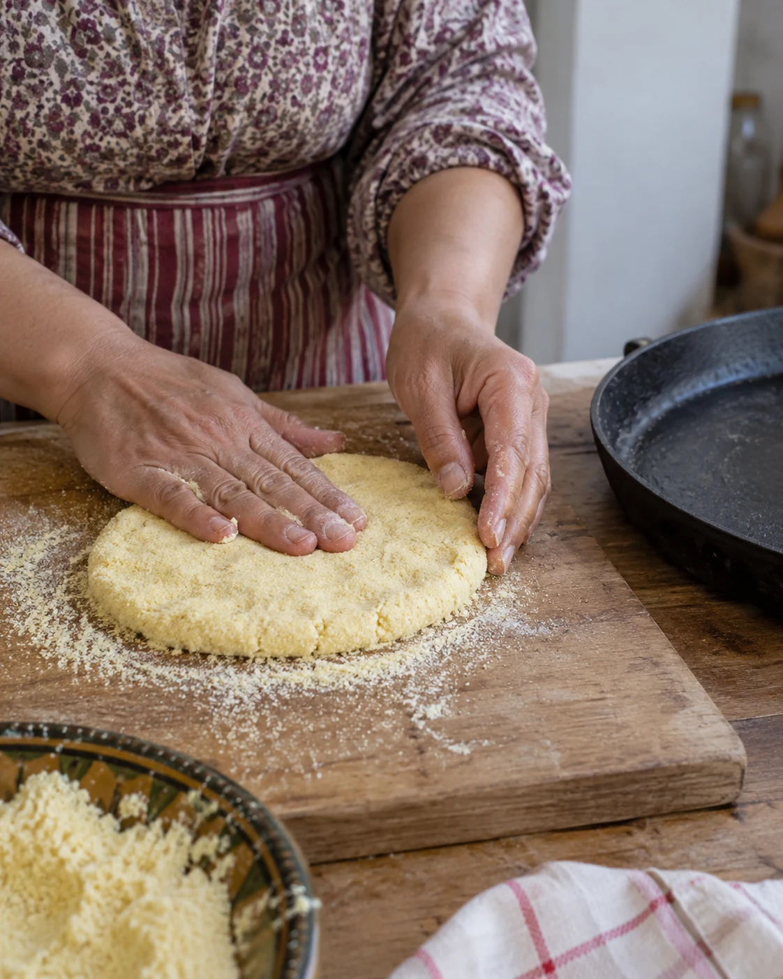 Hands shaping a semolina harcha round
