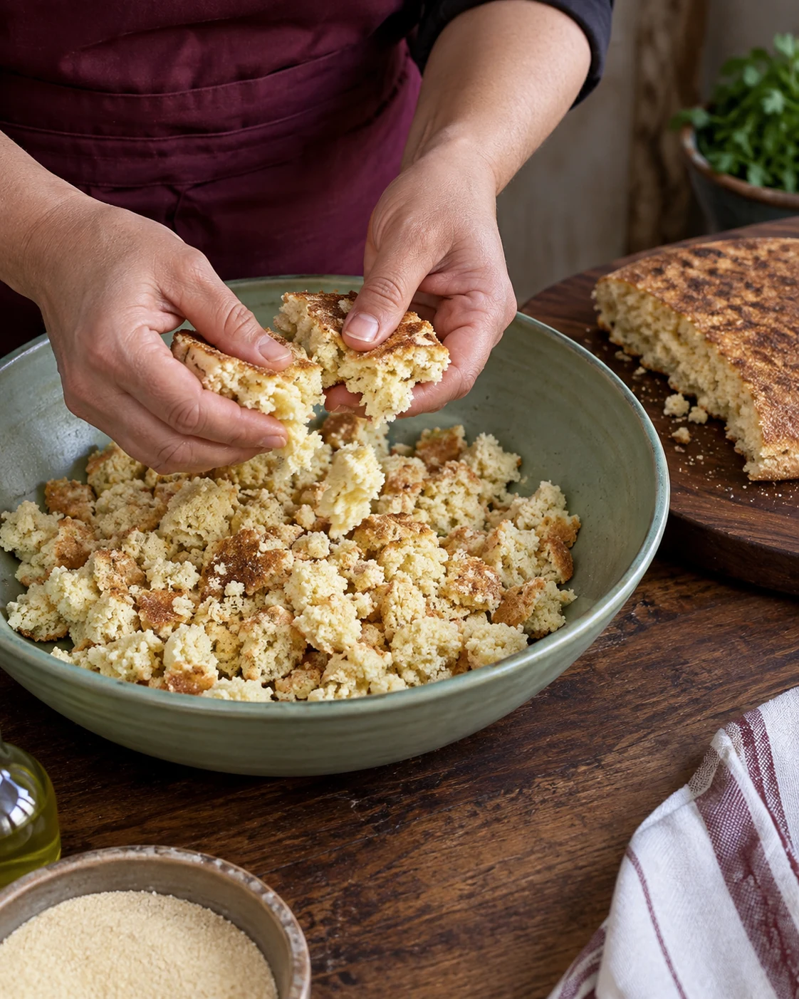 Harcha crumbled by hand for a bread-based dish
