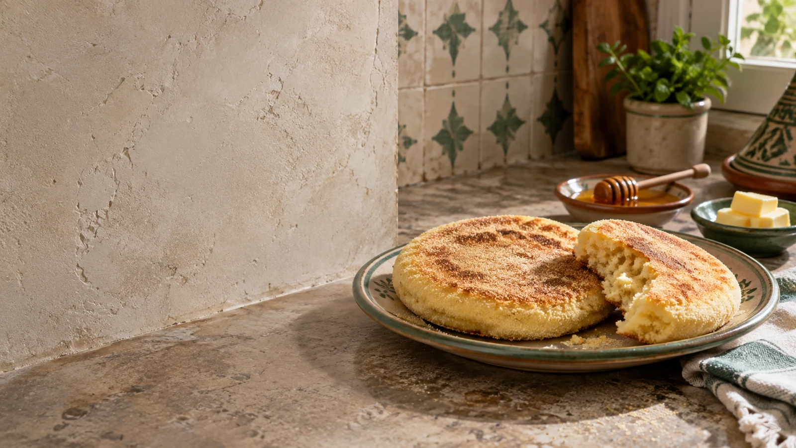 Golden semolina harcha with a piece broken open to reveal the crumb