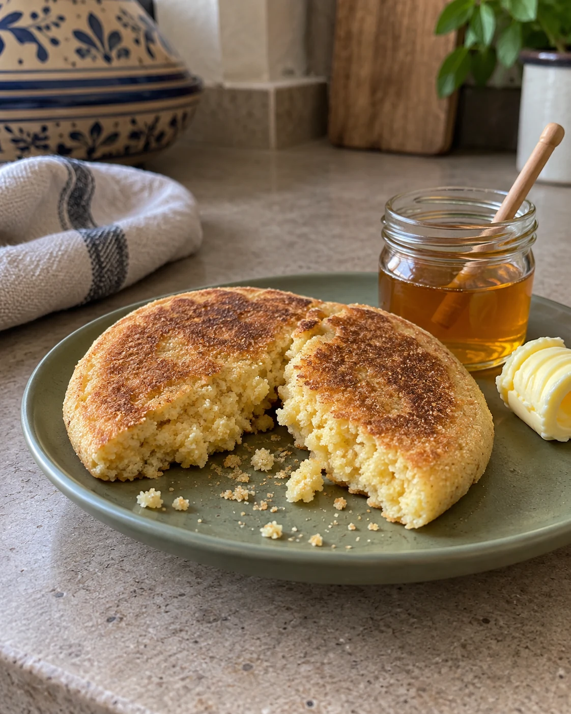 Harcha with honey and butter