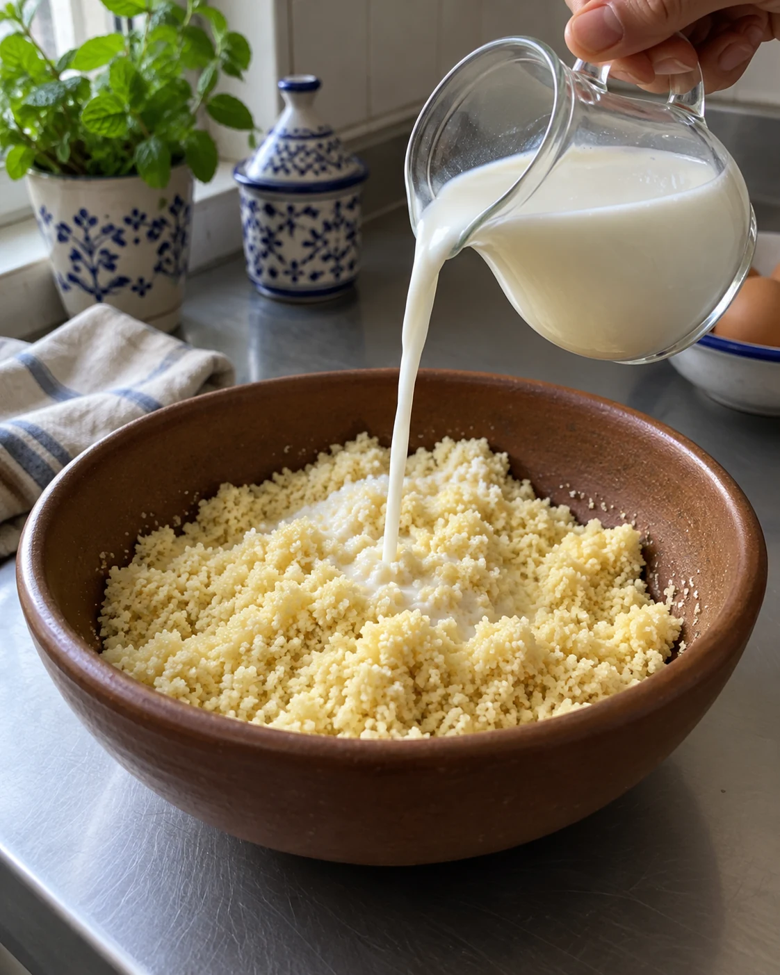 Milk being added to semolina crumbs
