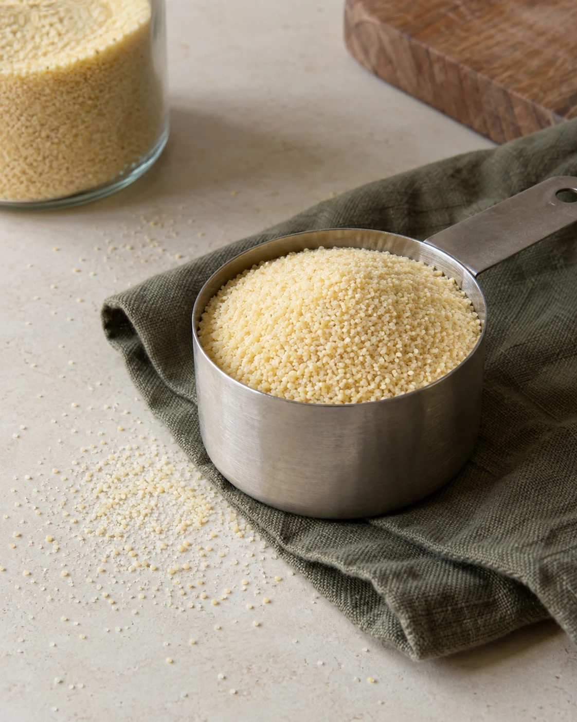 Medium semolina grains in a metal cup