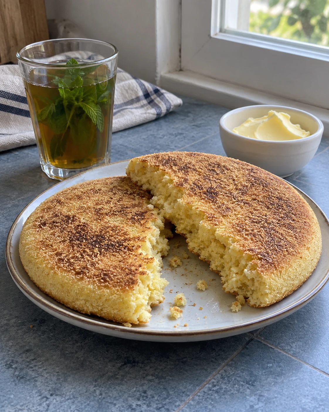 Crumbly harcha with mint tea