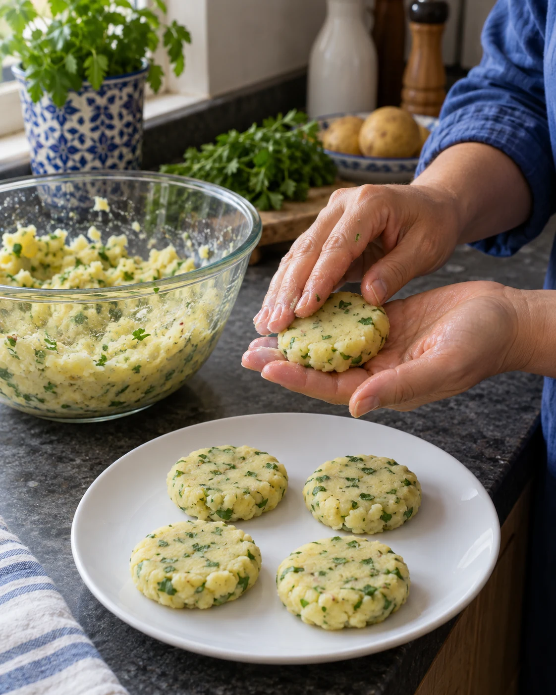 Hands shaping herb-flecked potato maakouda