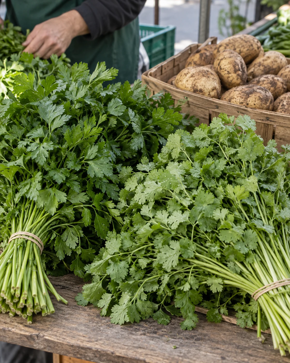 Fresh herbs and potatoes at a produce stall