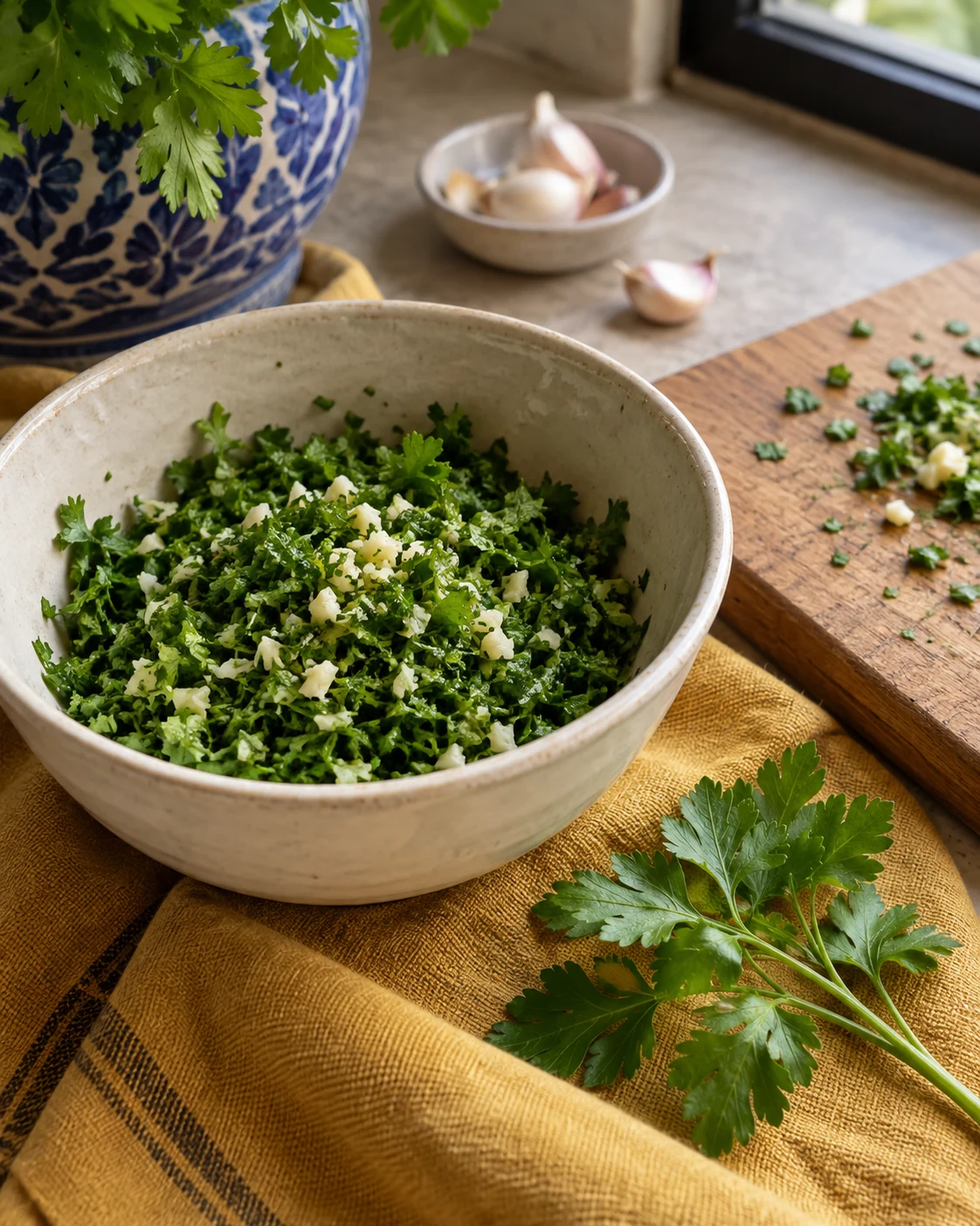 Chopped herbs and garlic for potato maakouda