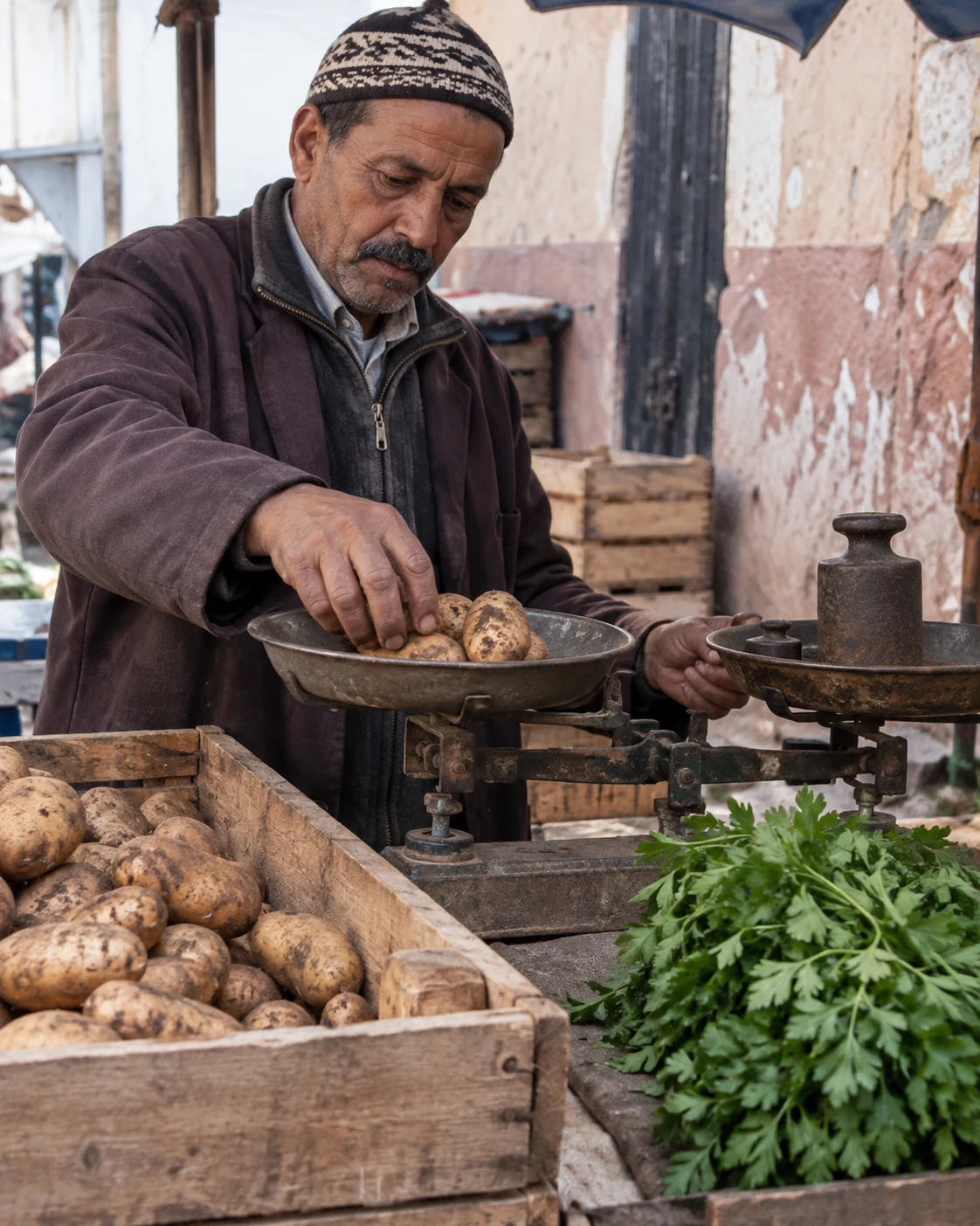 Potatoes weighed at a produce stall