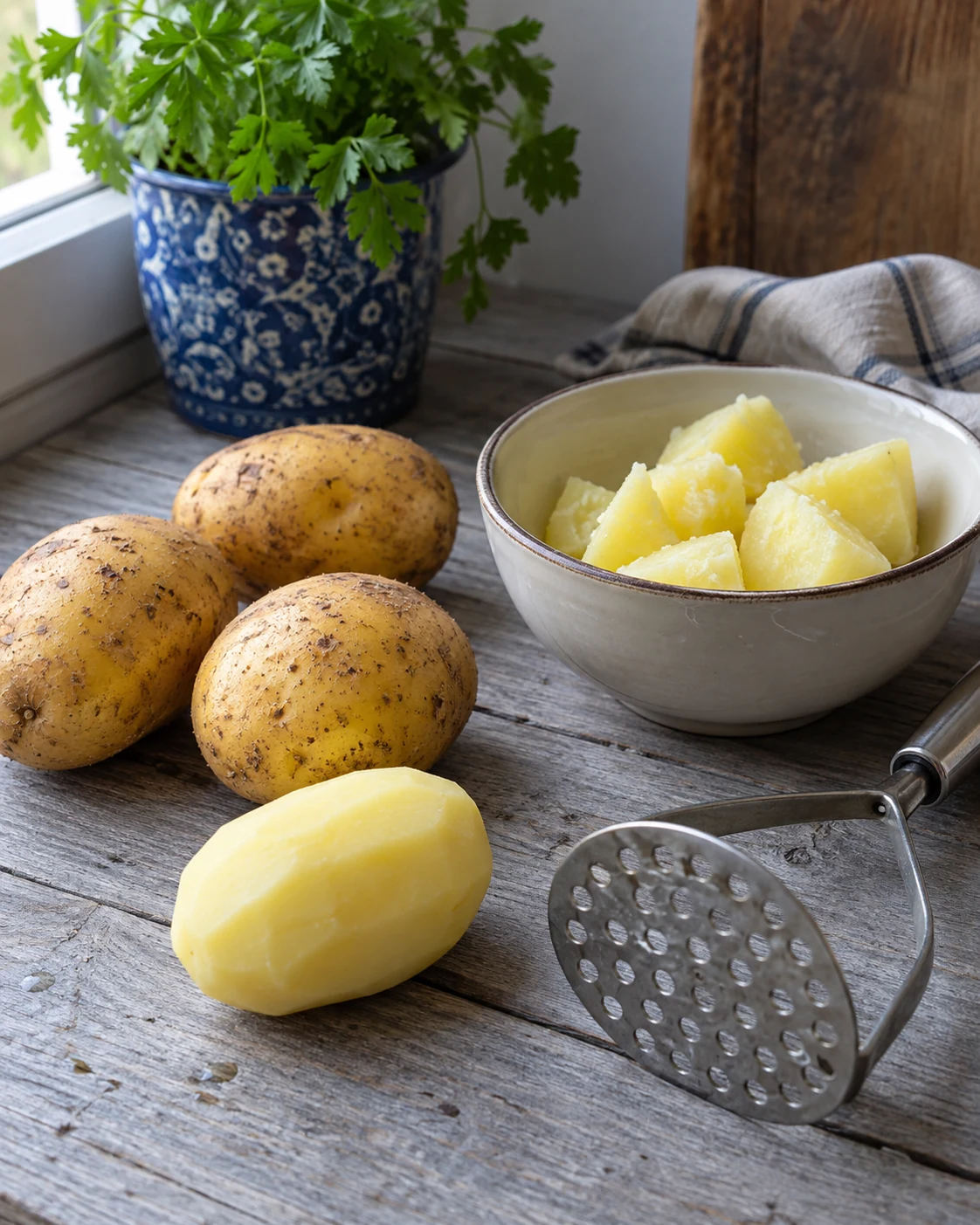 Whole and cooked potatoes ready for mashing