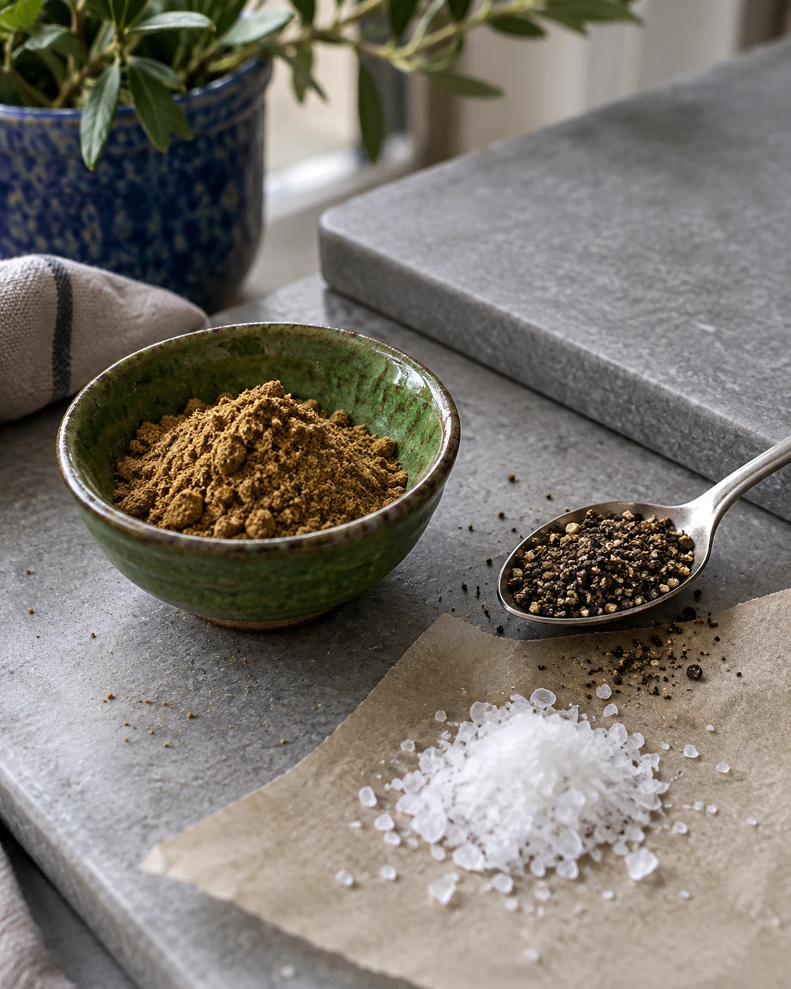 Ground cumin, black pepper and salt