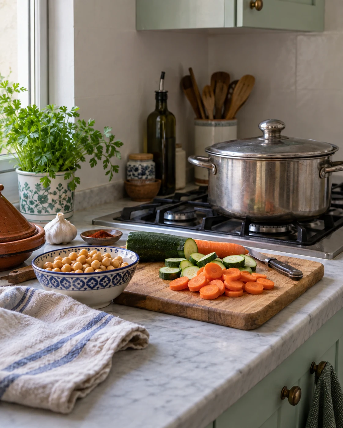 Vegetables and chickpeas beside a home cooking pot