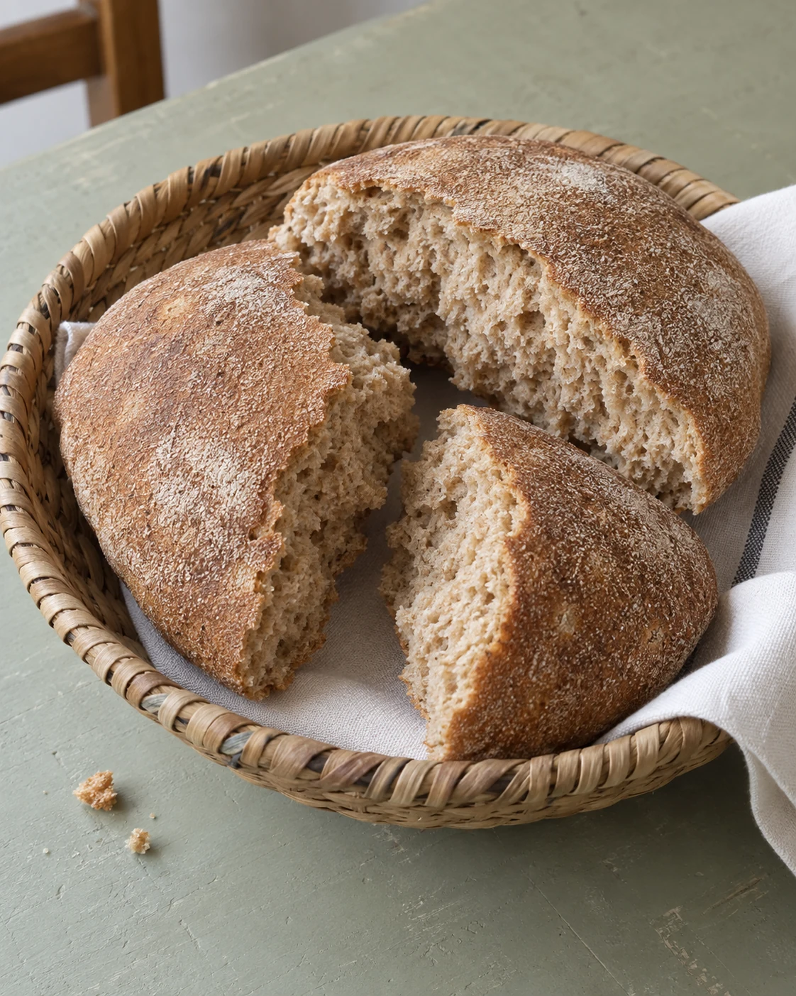 Torn khobz revealing its crust and crumb
