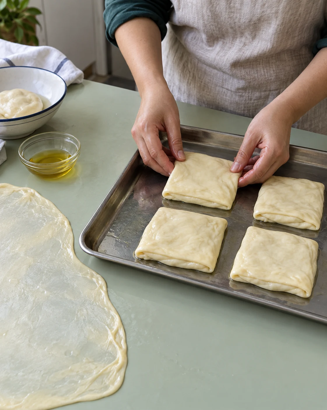 Folded raw msemen parcels resting on a tray