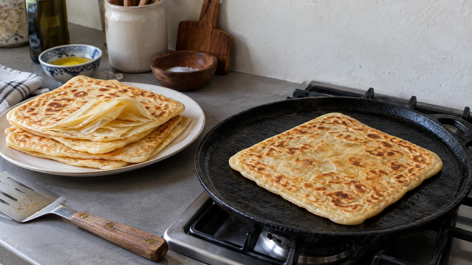 Square msemen cooking on a griddle