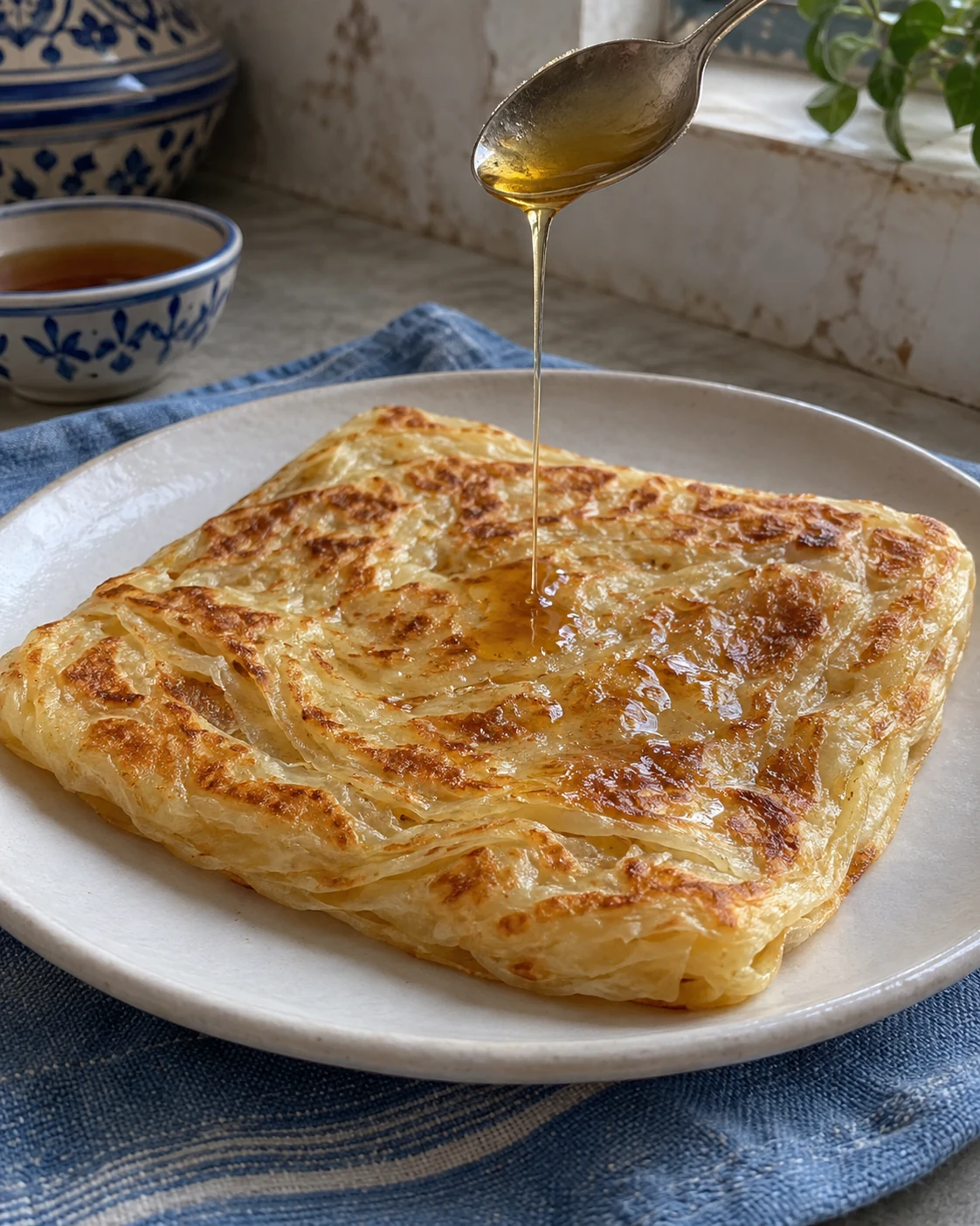 Honey drizzled over a square msemen