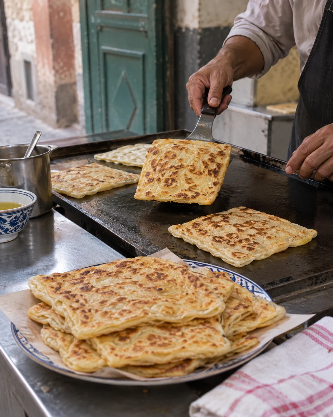 Msemen being cooked at a neighbourhood counter