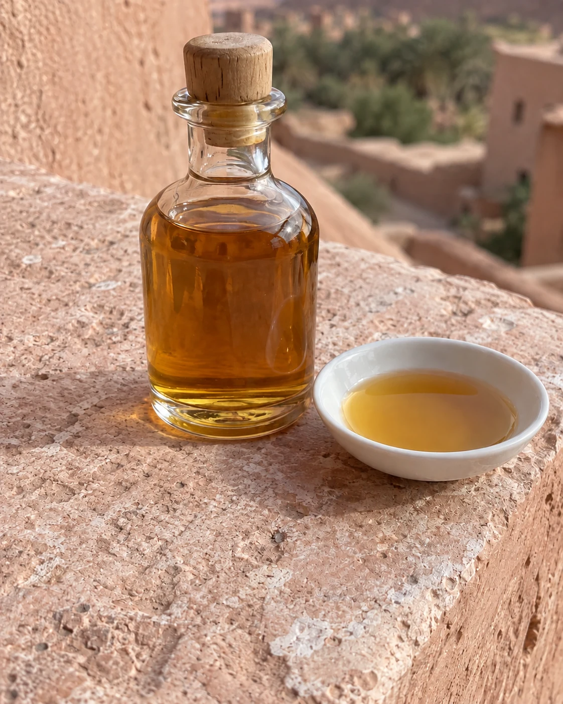 Culinary argan oil in a small bottle and saucer