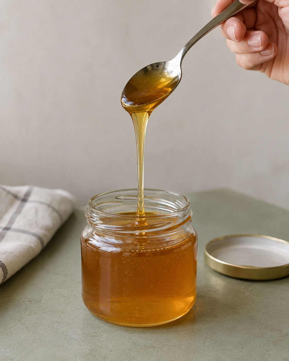 Honey falling from a spoon into a jar