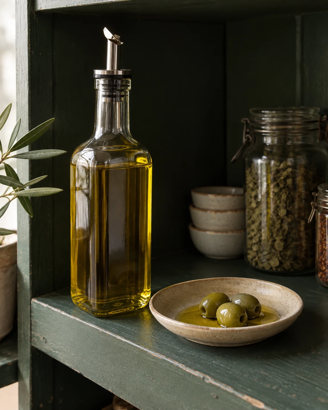Olive oil stored on a shaded pantry shelf