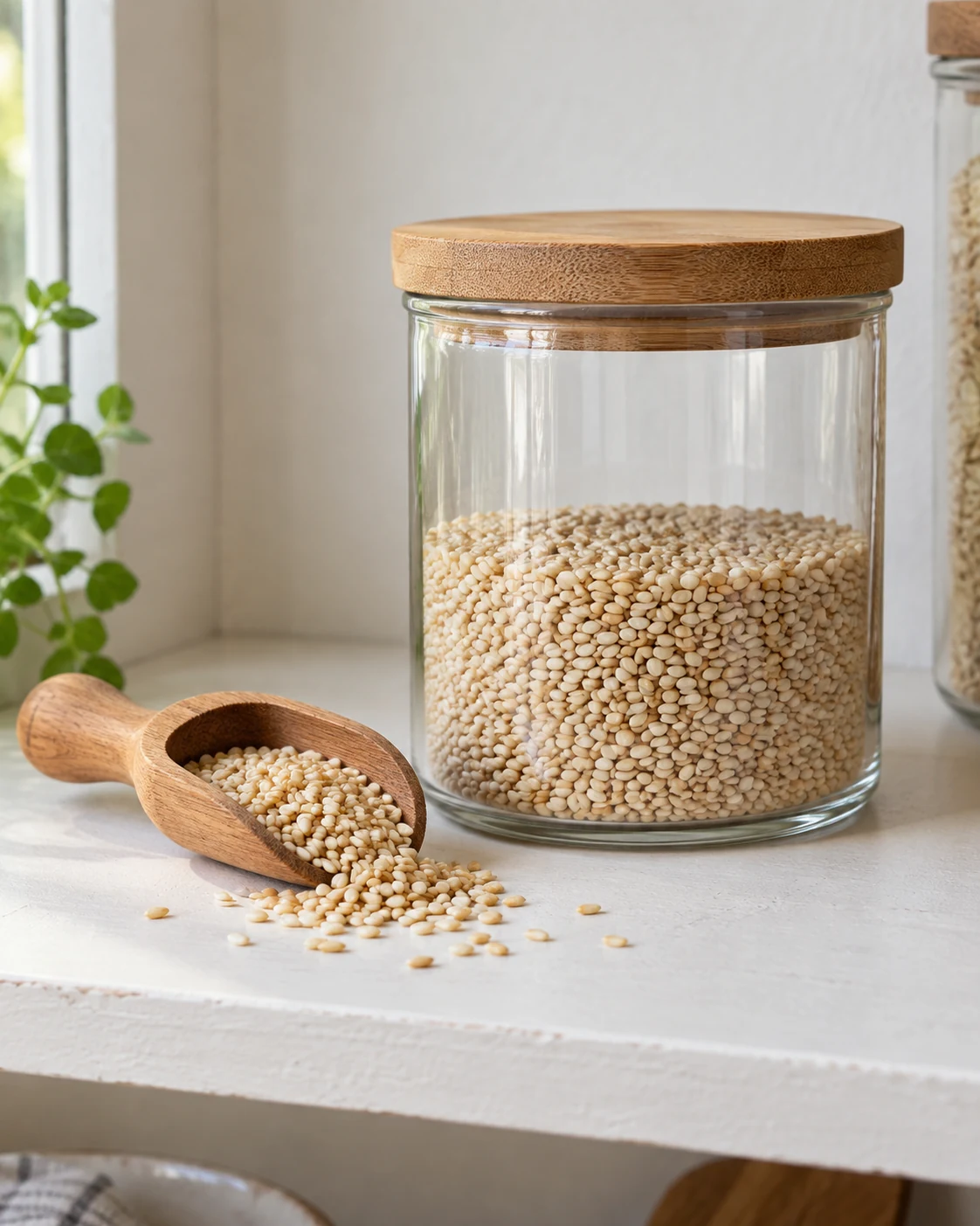 Sesame seeds stored in a plain glass jar