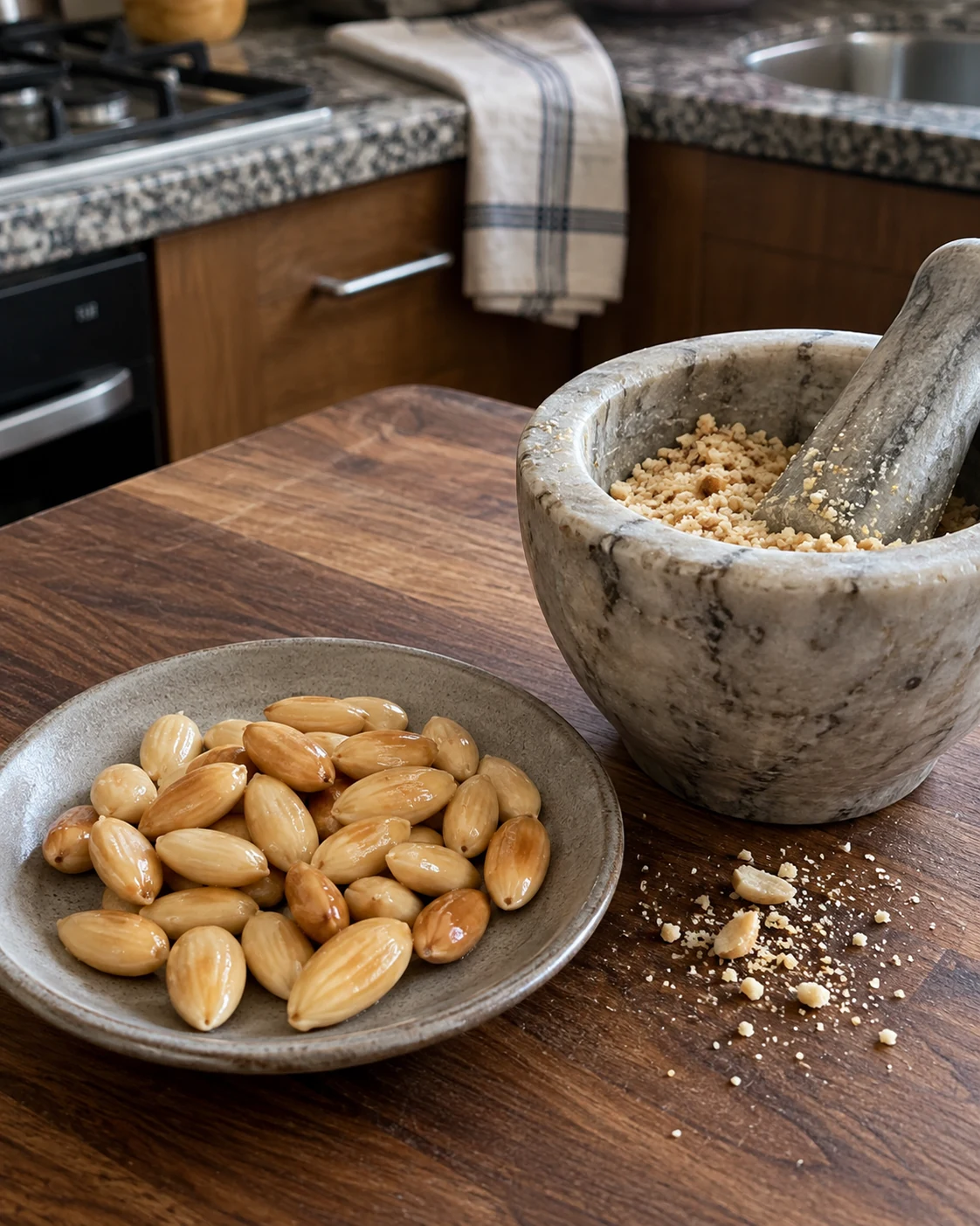 Golden almonds and ground almond crumbs