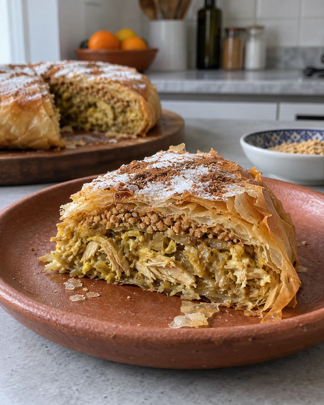 A chicken pastilla slice with ground almond, onion and egg layers