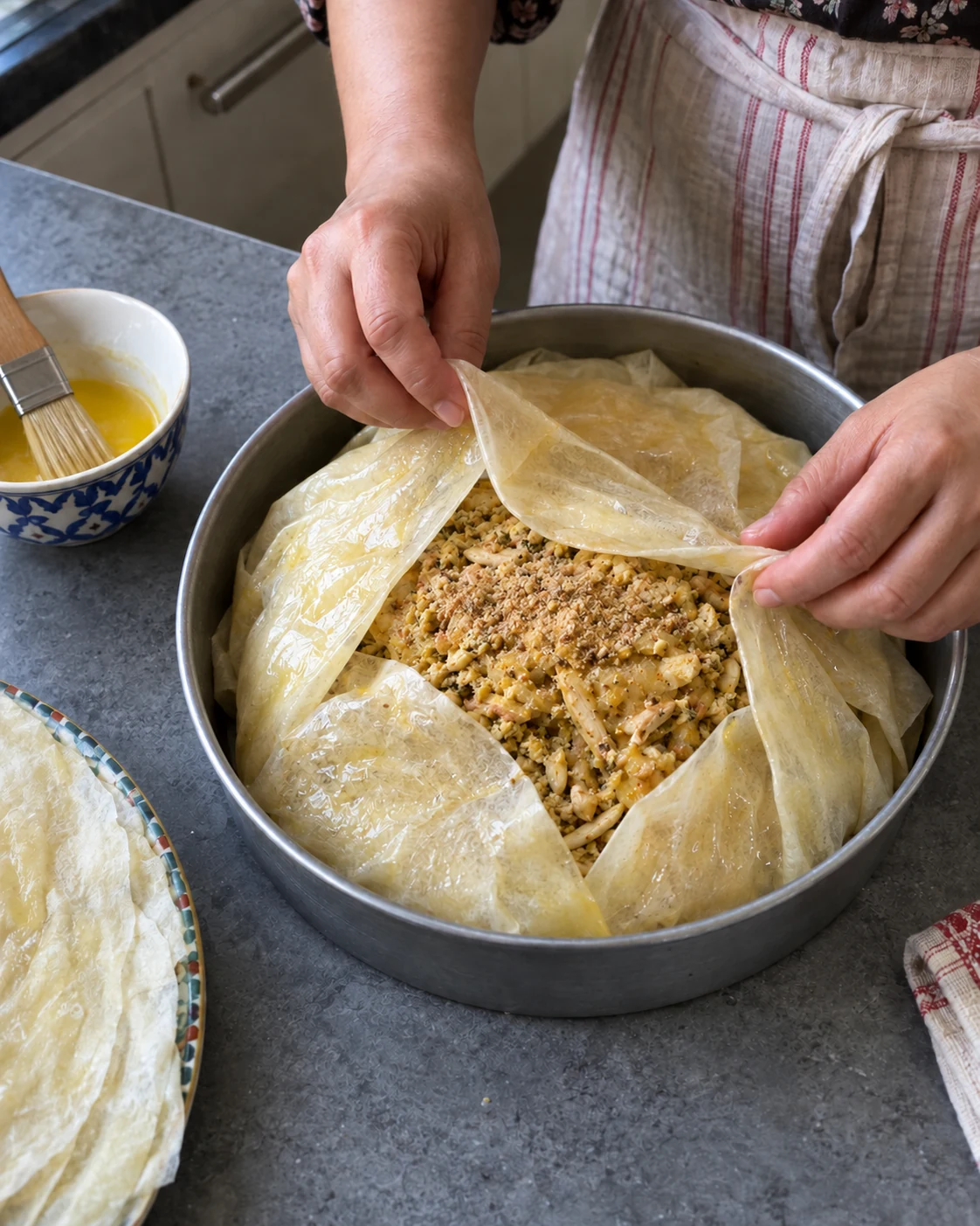 Hands folding fine pastry over a ground almond and chicken filling