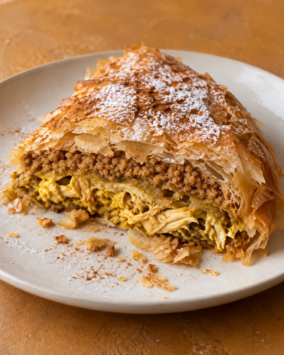 A cut wedge of chicken pastilla with finely ground almonds