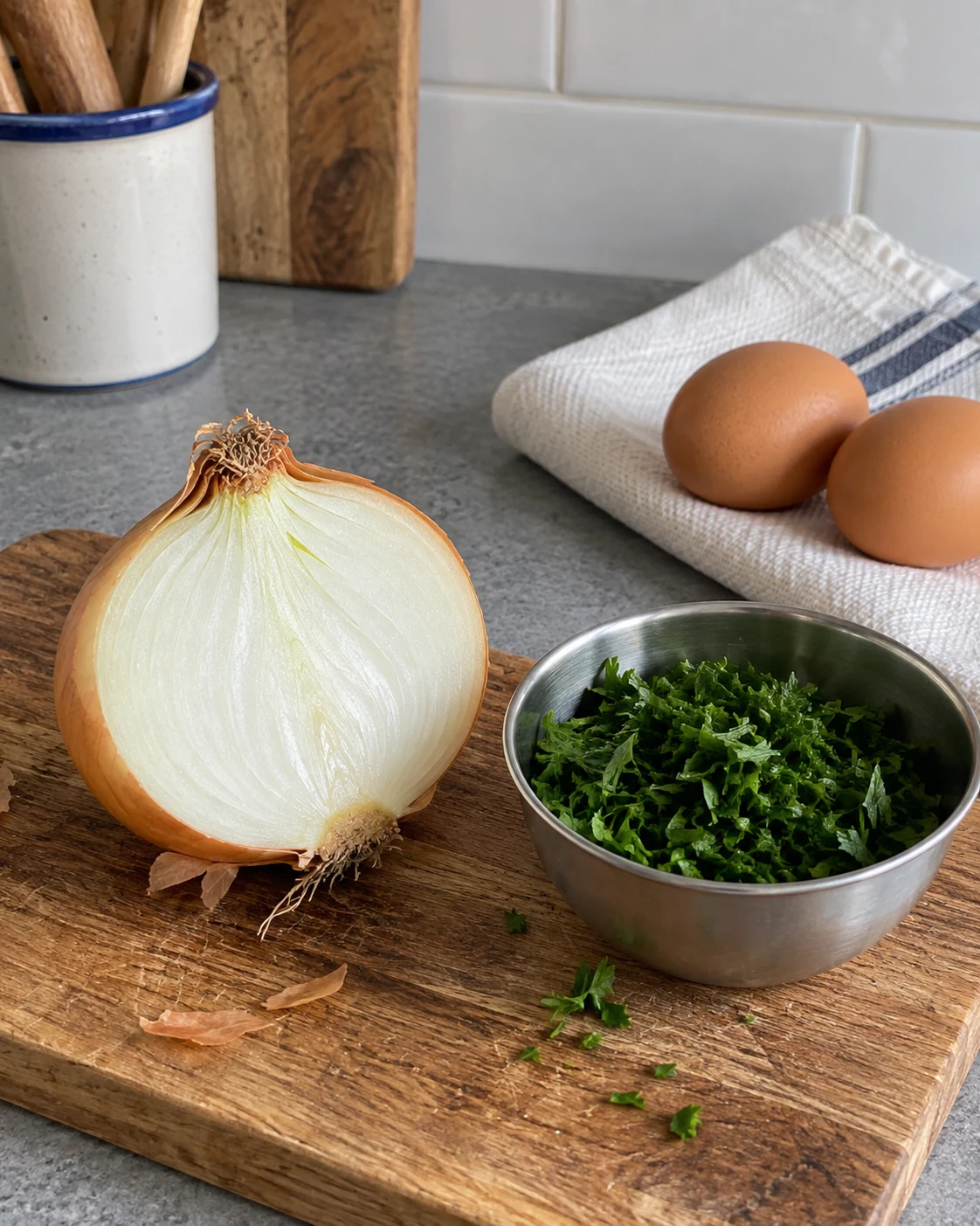 Onion, chopped parsley and eggs