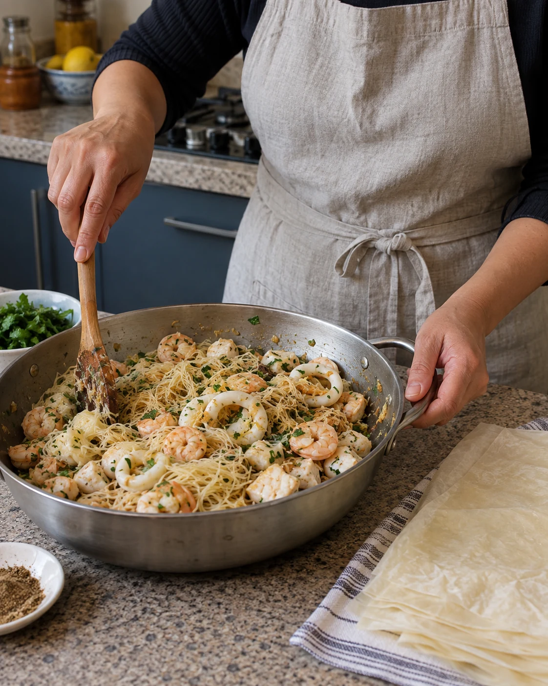 Vermicelli and seafood filling prepared for bastilla