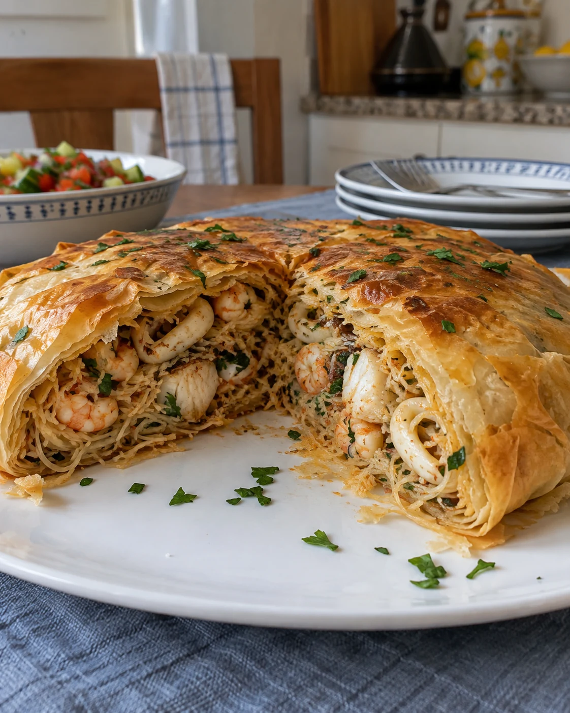 Savoury seafood bastilla with vermicelli, shrimp, calamari and fish