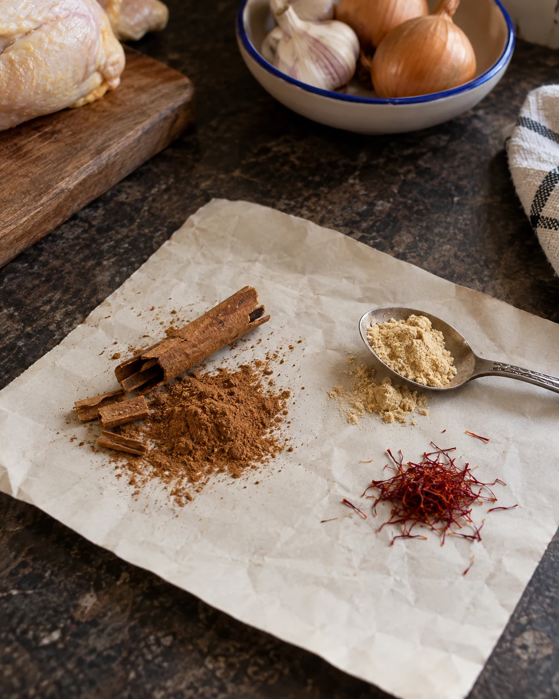 Cinnamon, ground ginger and saffron