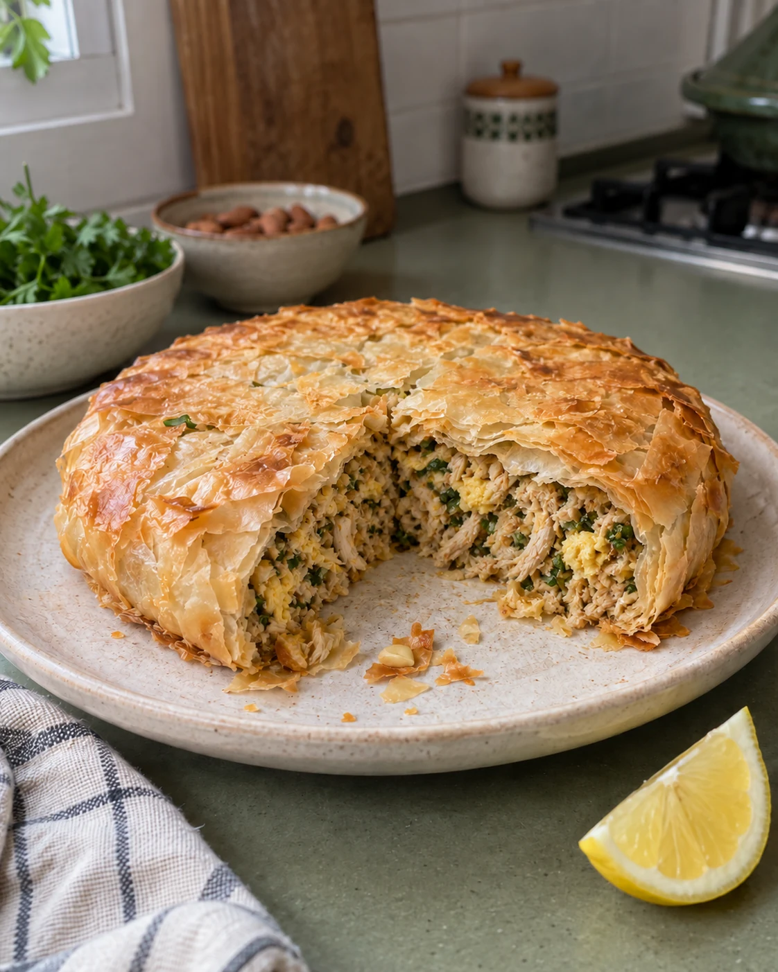 A savoury poultry pastilla with lemon beside it
