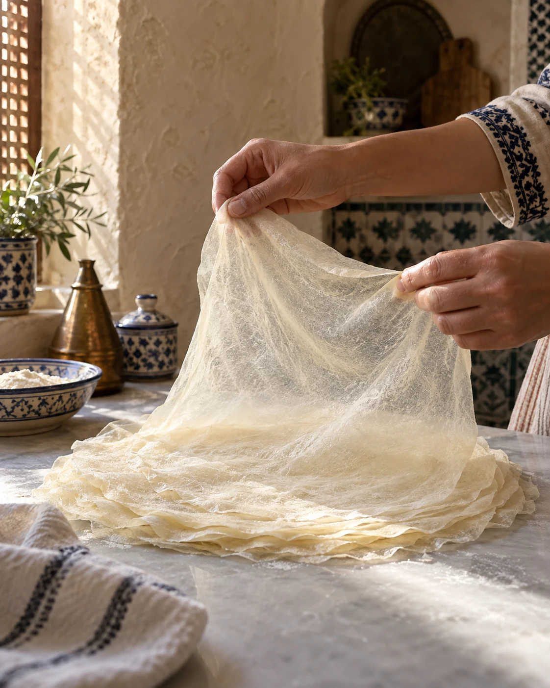 Hands lifting a fine translucent sheet of warqa pastry