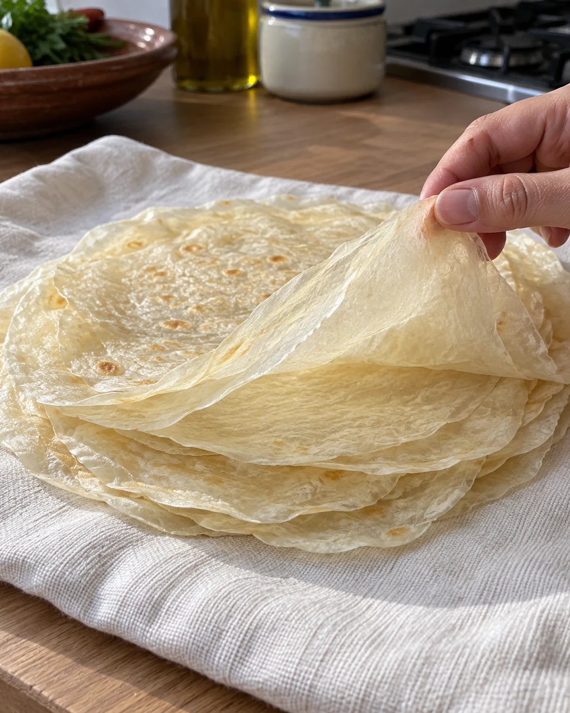 A stack of thin cooked warqa pastry sheets
