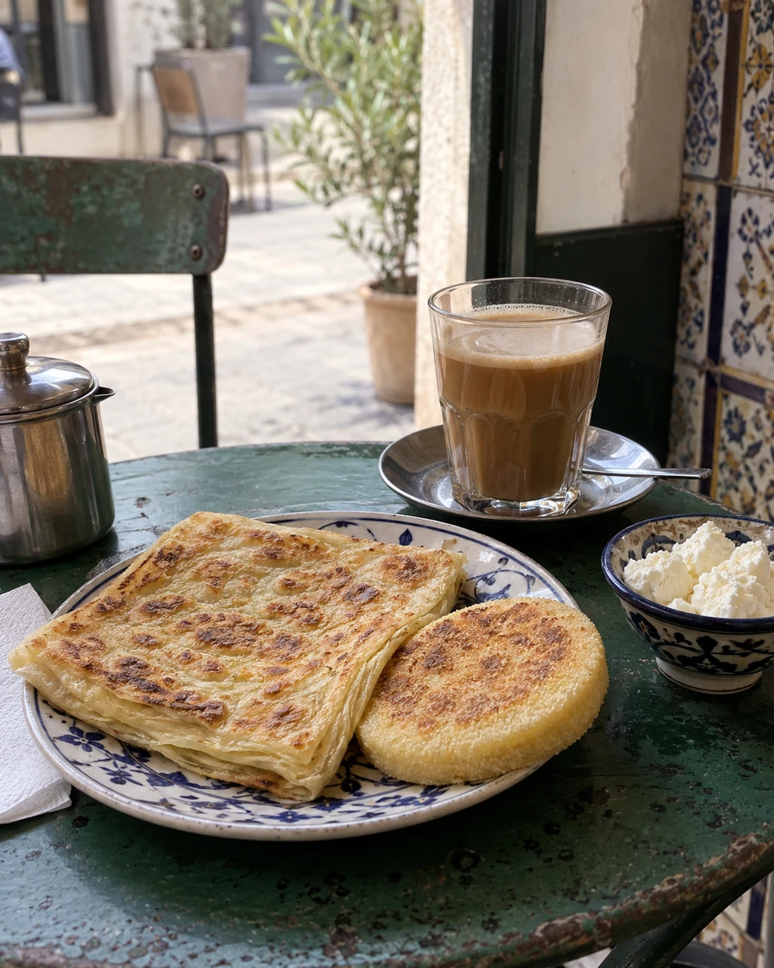 Msemen and harcha beside a café drink