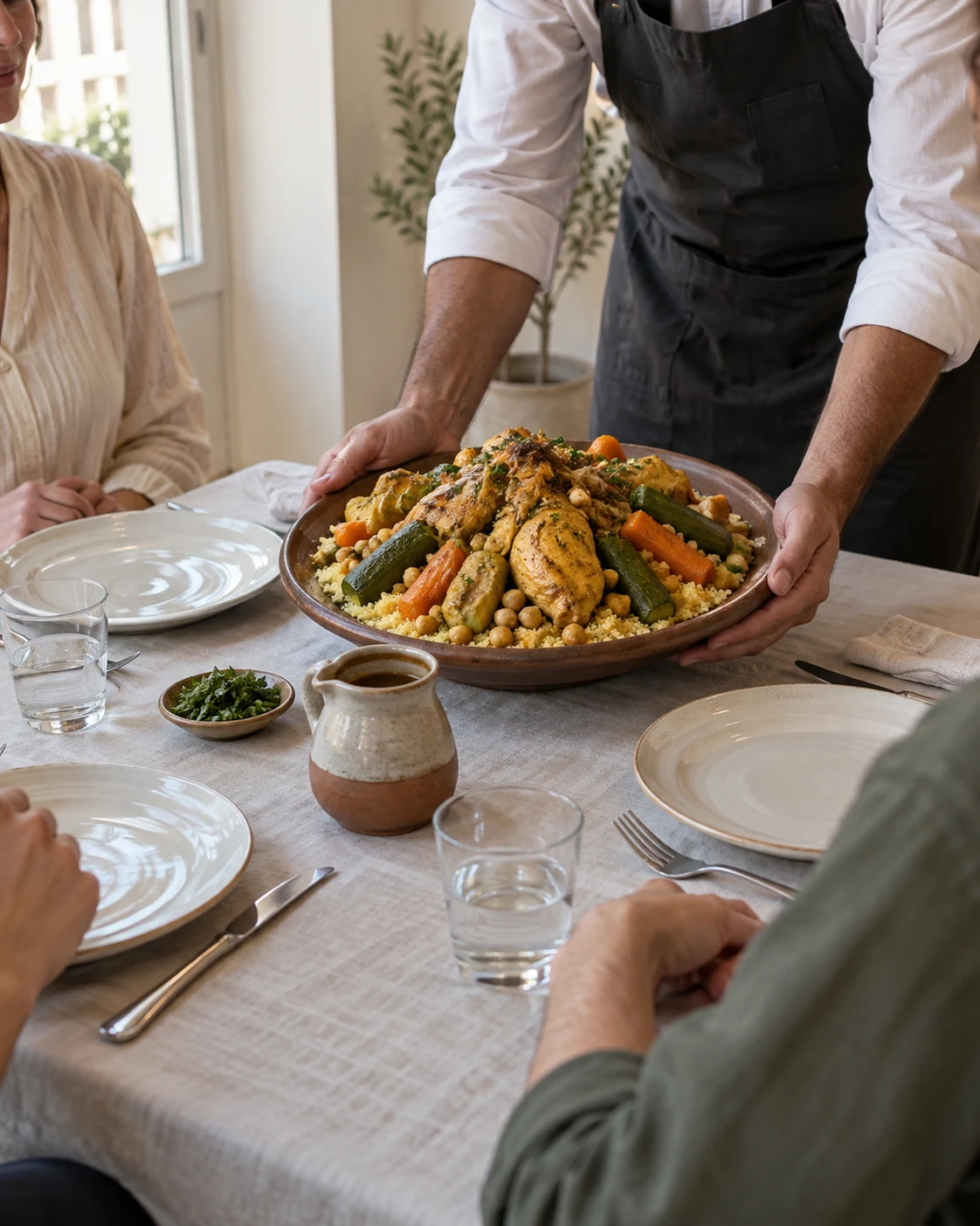 Vegetable couscous brought to a shared table