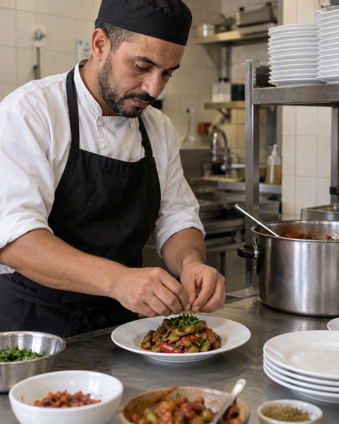 A cook plating vegetables in a working restaurant kitchen