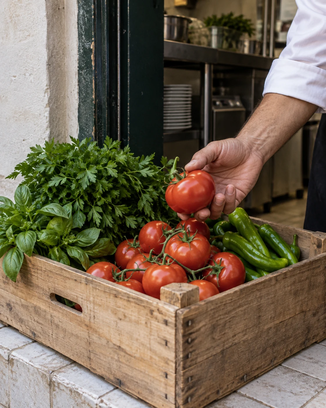 A cook checking fresh tomatoes and peppers