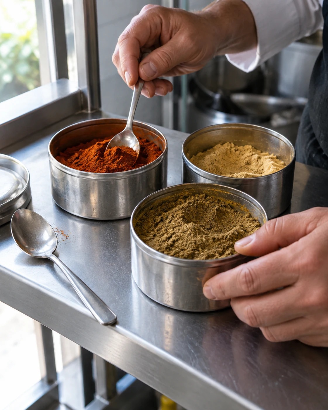 Spices kept in practical restaurant containers