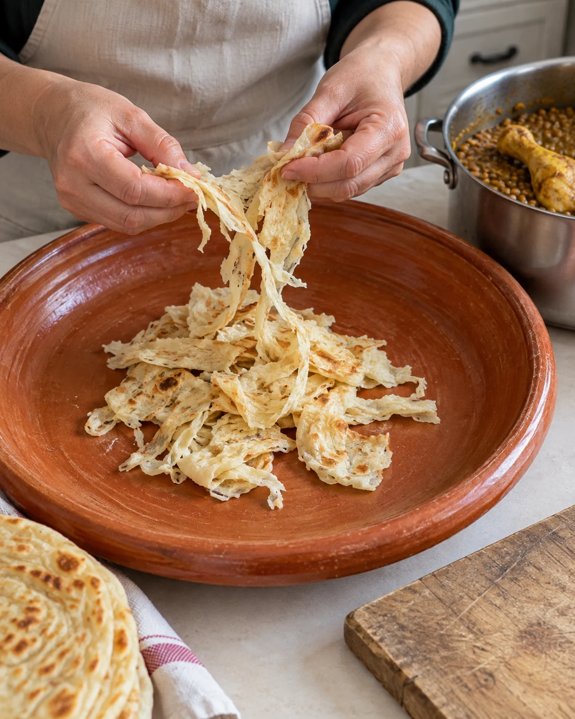 Hands tearing layered bread into ribbons for rfissa