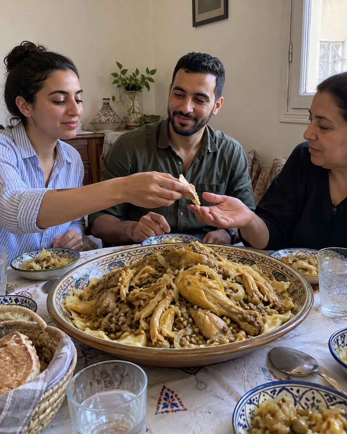 A family sharing a platter of chicken rfissa