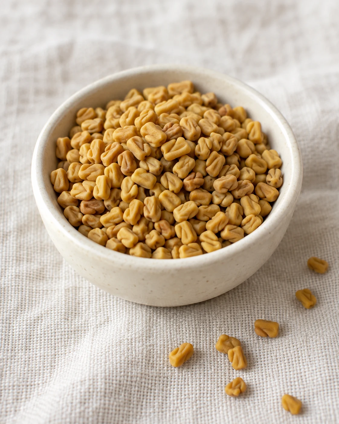 Golden fenugreek seeds in a small bowl