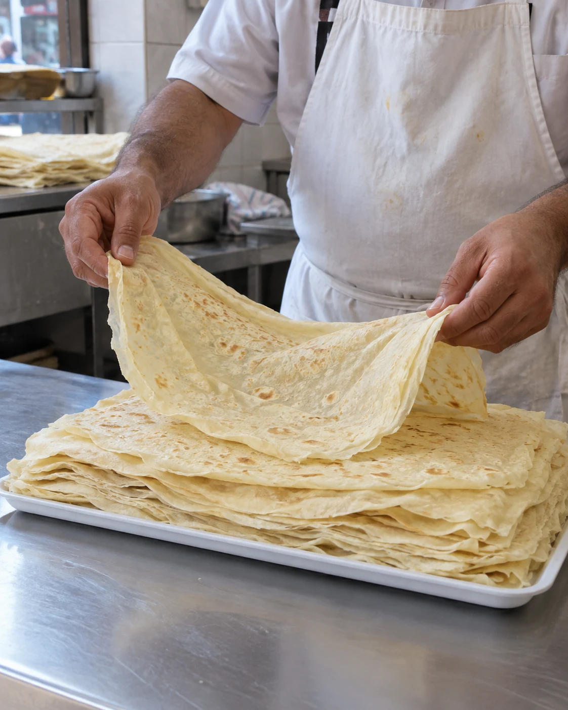 Prepared thin trid sheets at a bakery counter