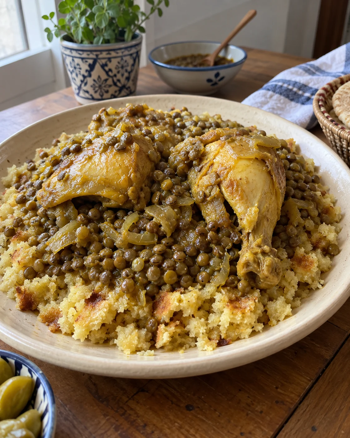 Rfissa medhoussa with crumbled harcha, chicken and lentils