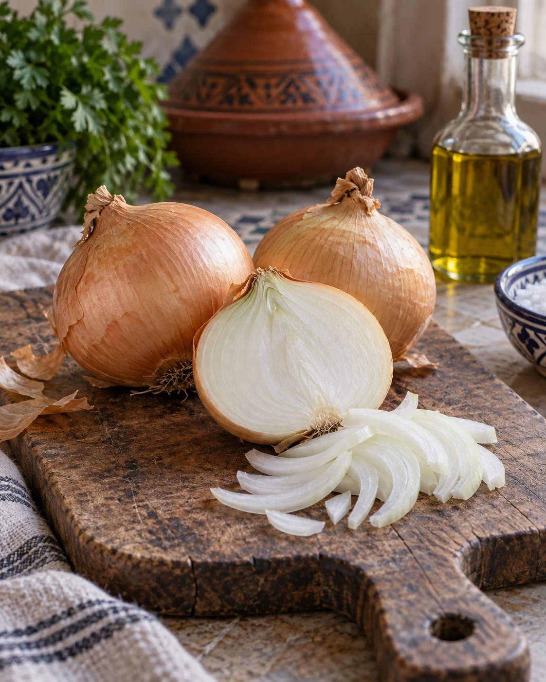 Yellow onions, sliced onion and olive oil