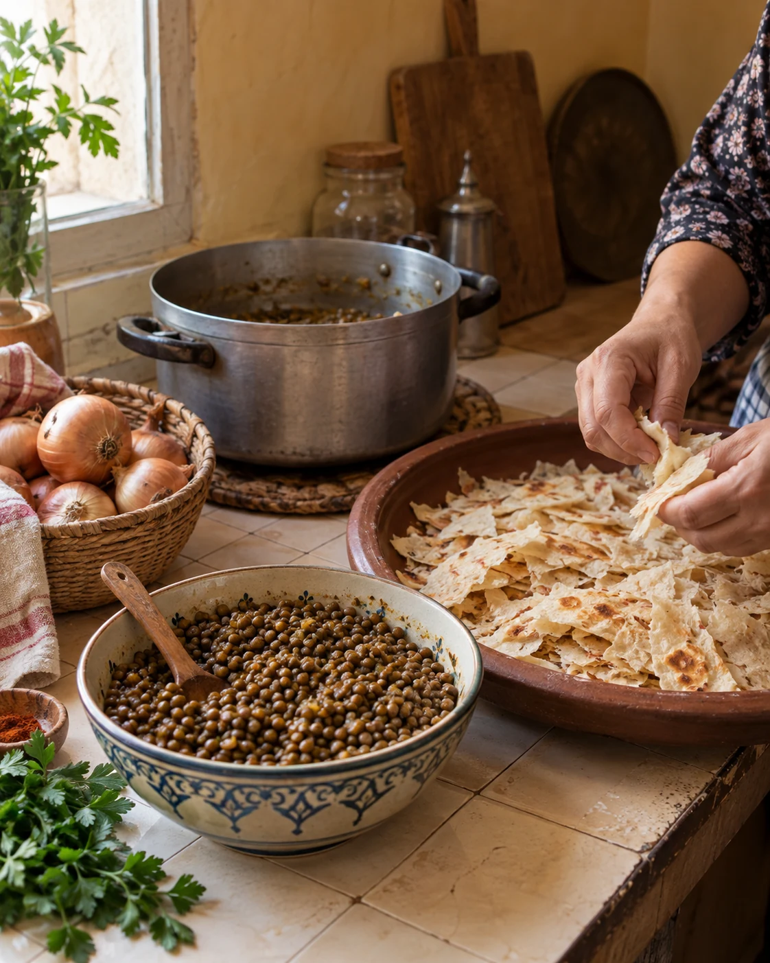 Bread and lentils being prepared for rfissa