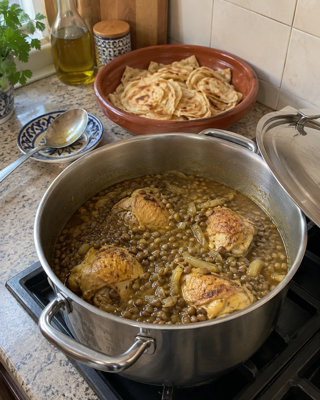 Chicken and lentils cooking beside prepared bread